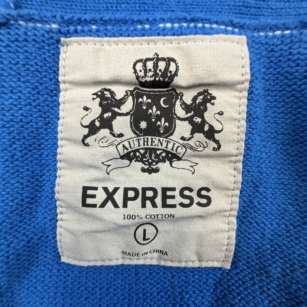 Express Mens Royal Blue Cotton V-Neck Cardigan Sweater Lion Logo Large